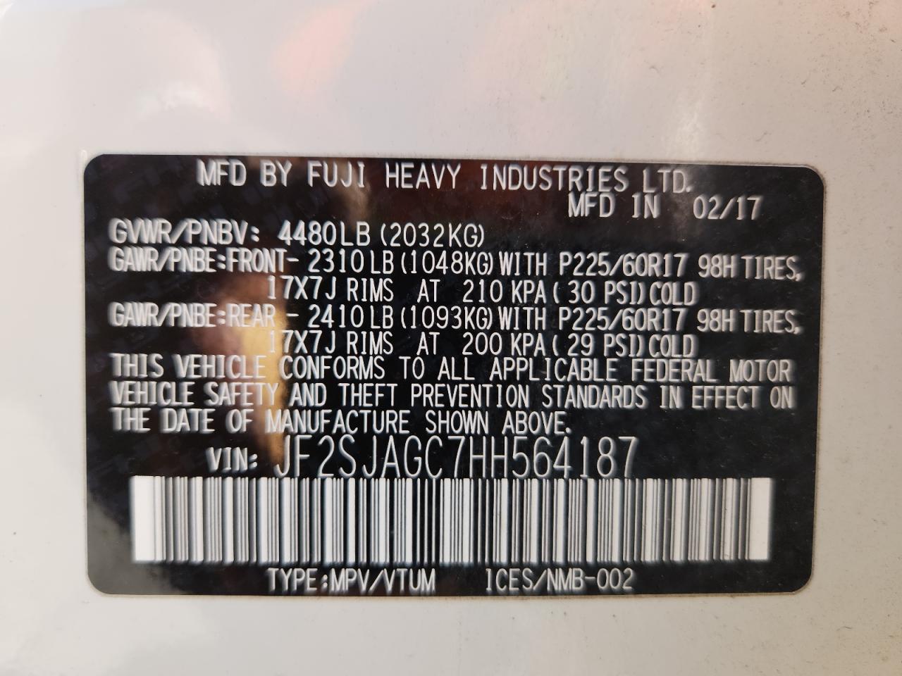 2017 Subaru Forester 2.5I Premium VIN: JF2SJAGC7HH564187 Lot: 85560805