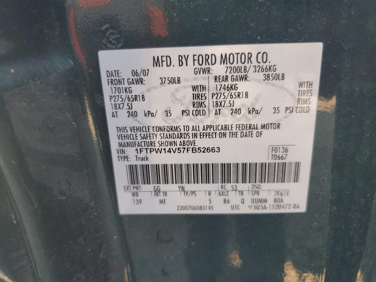 2007 Ford F150 Supercrew VIN: 1FTPW14V57FB52663 Lot: 86660385