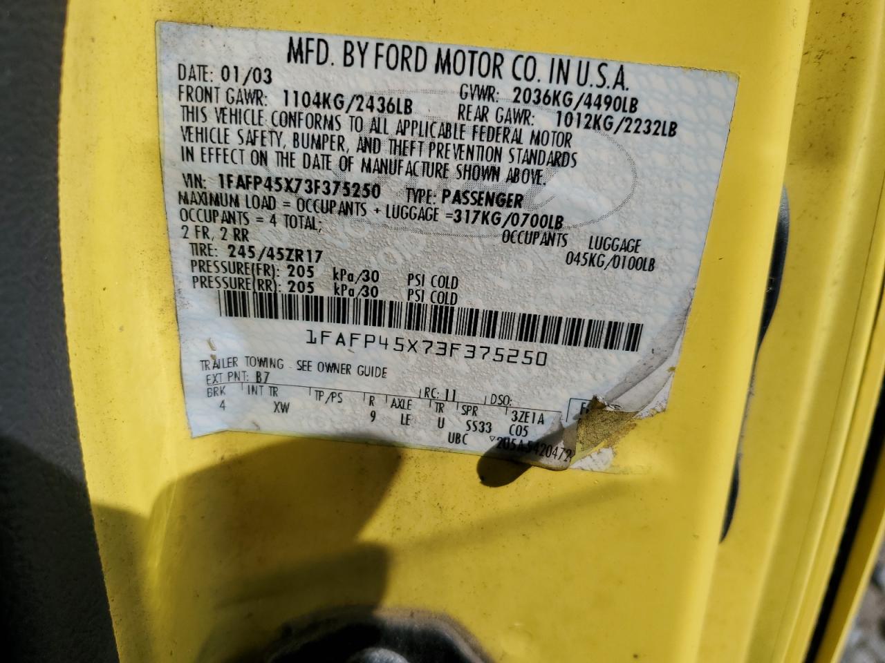 2003 Ford Mustang Gt VIN: 1FAFP45X73F375250 Lot: 84864015