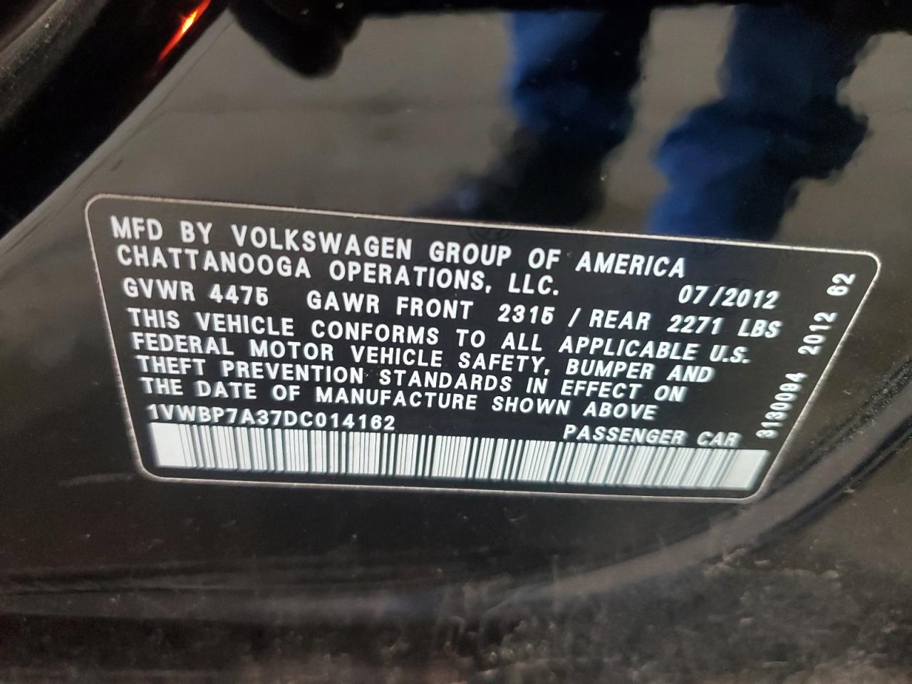 2013 Volkswagen Passat Se VIN: 1VWBP7A37DC014162 Lot: 84808665