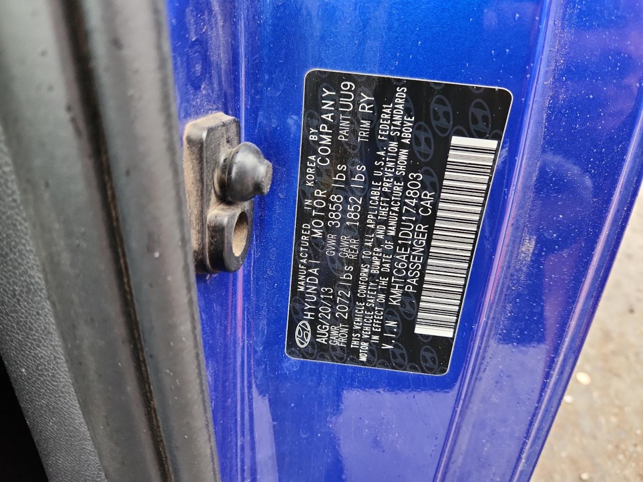 2013 Hyundai Veloster Turbo VIN: KMHTC6AE1DU174803 Lot: 86496665