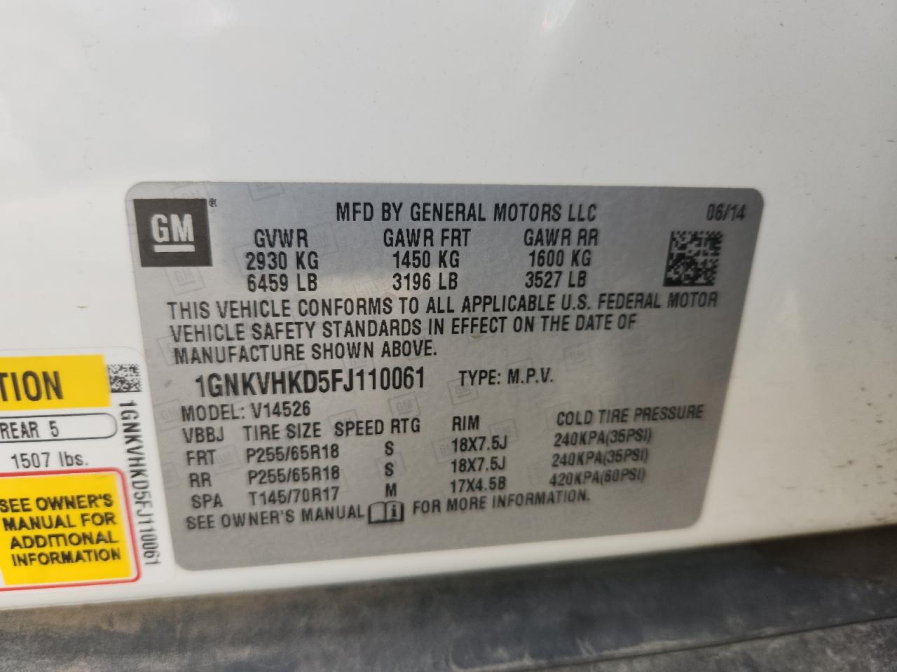2015 Chevrolet Traverse Lt VIN: 1GNKVHKD5FJ110061 Lot: 84903365