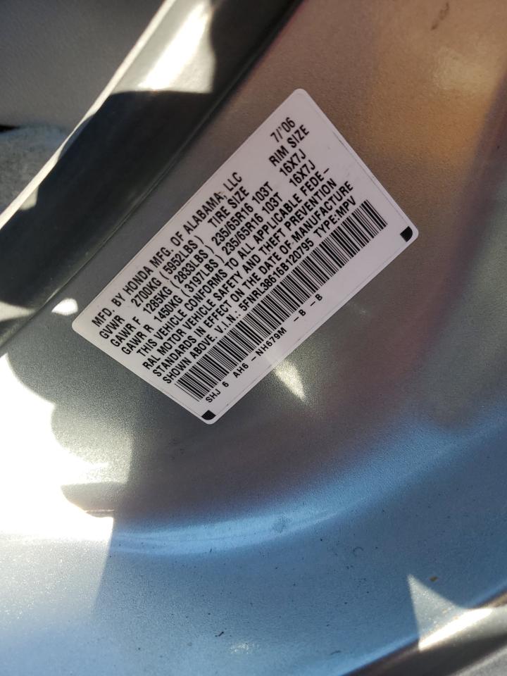 2006 Honda Odyssey Exl VIN: 5FNRL38616B120795 Lot: 84301965