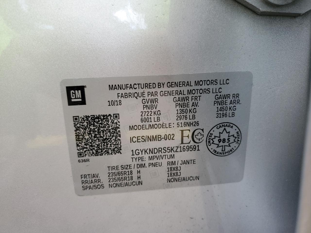 2019 Cadillac Xt5 Luxury VIN: 1GYKNDRS5KZ169591 Lot: 89846945