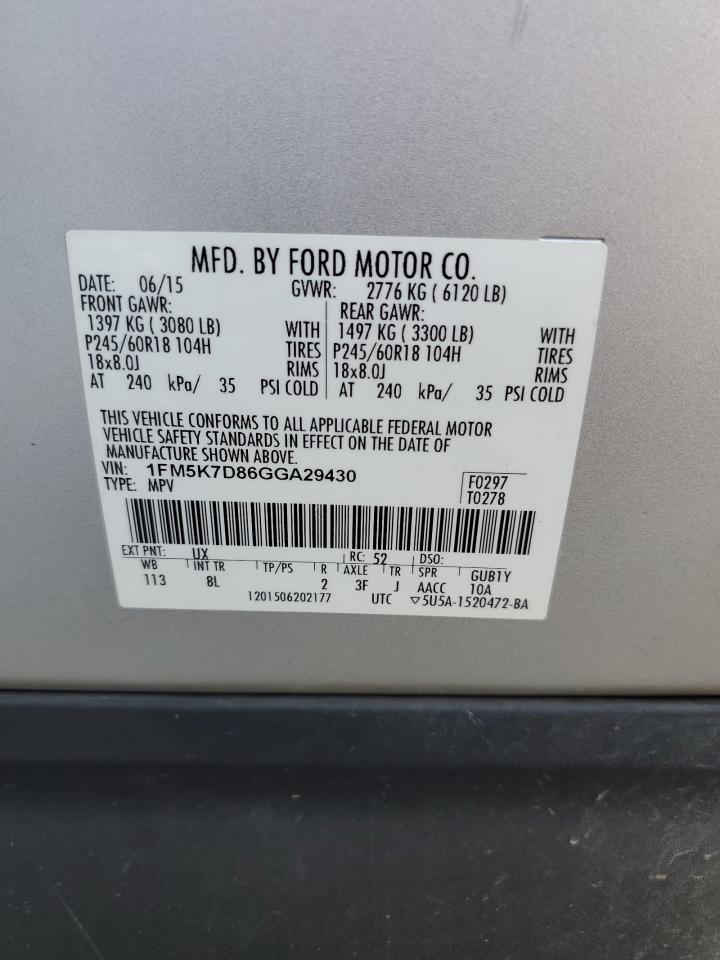 2016 Ford Explorer Xlt VIN: 1FM5K7D86GGA29430 Lot: 82304165