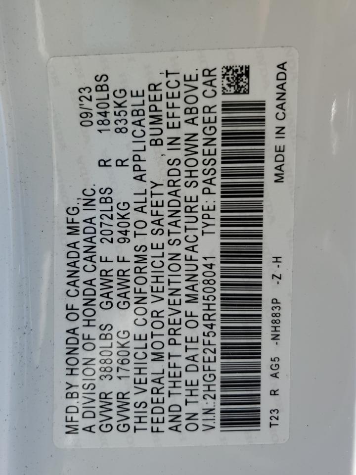 2024 Honda Civic Sport VIN: 2HGFE2F54RH508041 Lot: 85376335