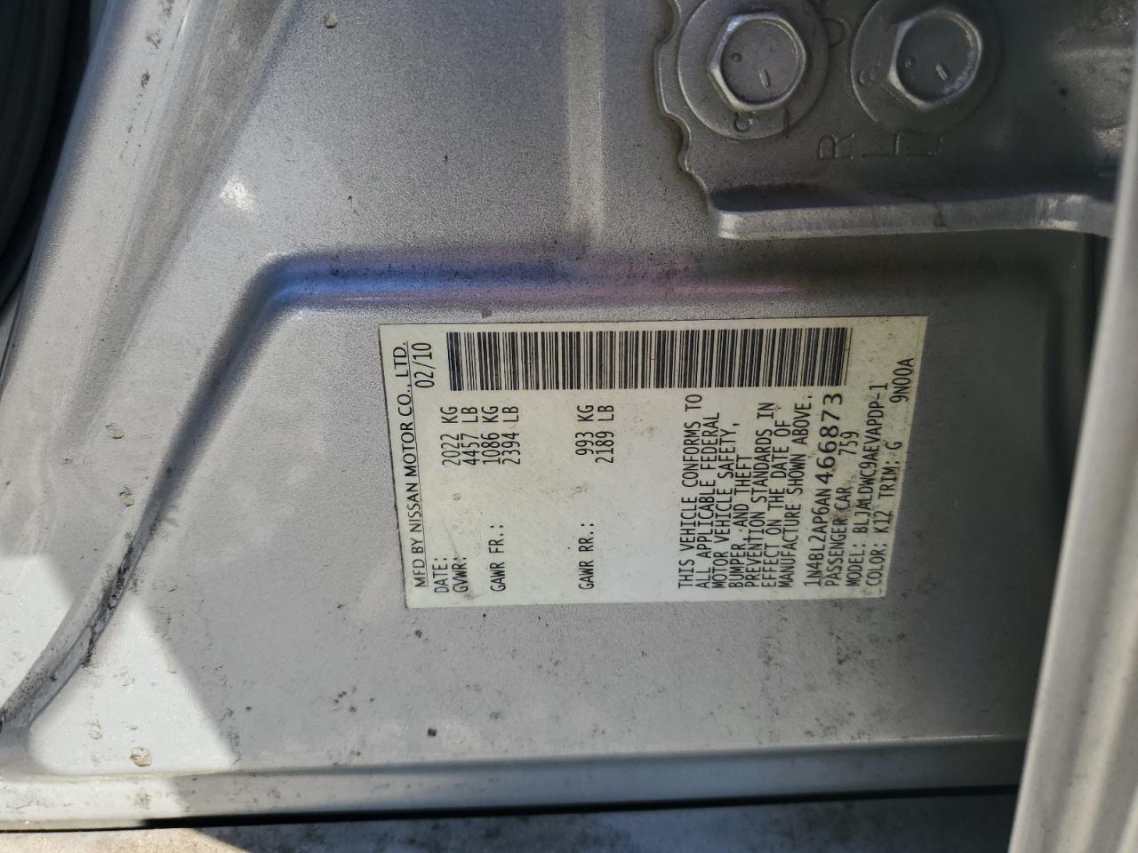 2010 Nissan Altima Sr VIN: 1N4BL2AP6AN466873 Lot: 85081995