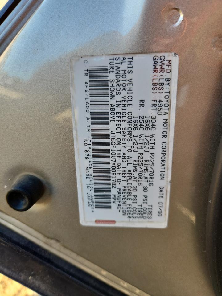 2000 Lexus Rx 300 VIN: JT6GF10U7Y0081782 Lot: 86840315