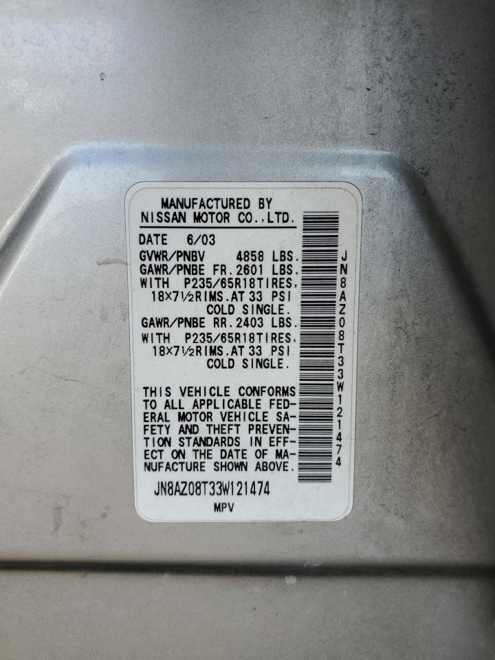 2003 Nissan Murano Sl VIN: JN8AZ08T33W121474 Lot: 84792105