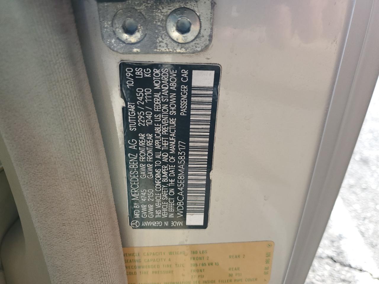 1991 Mercedes-Benz 560 Sec VIN: WDBCA45E8MA583177 Lot: 86267055