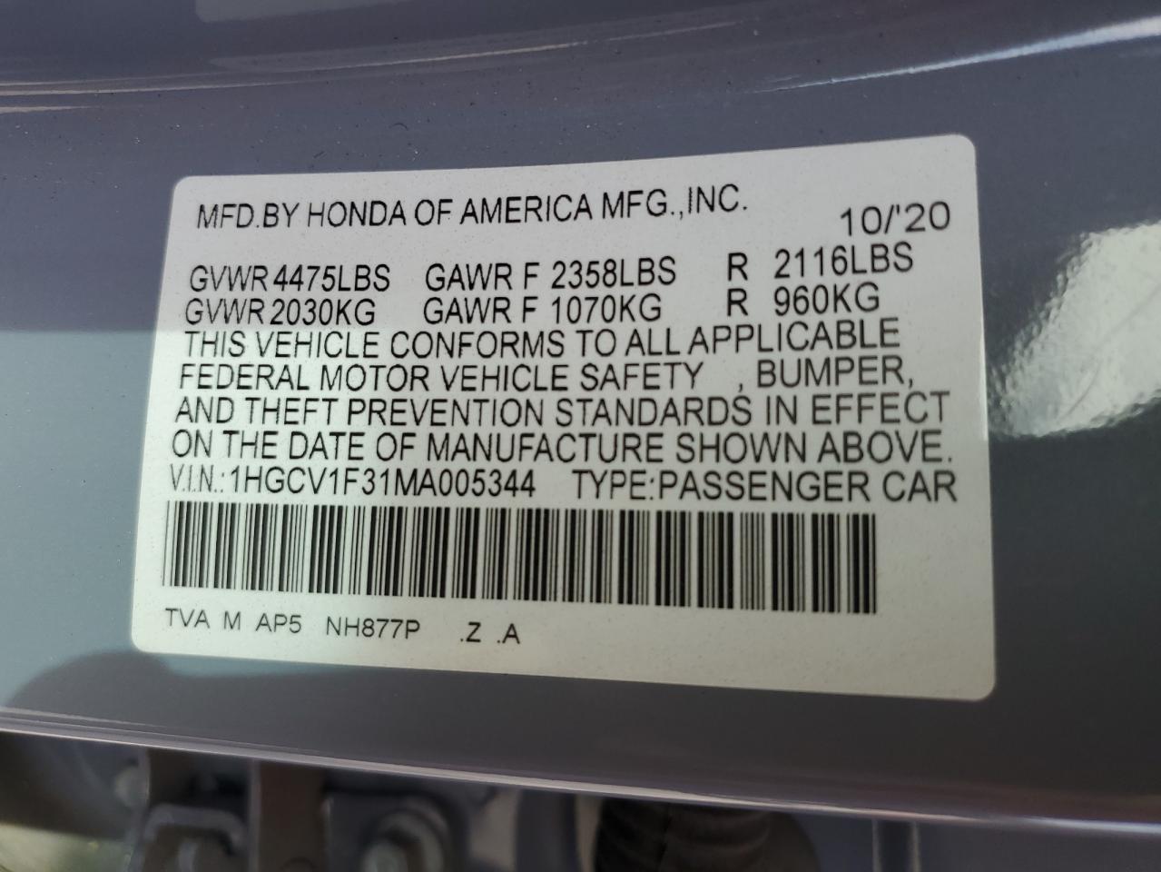 2021 Honda Accord Sport VIN: 1HGCV1F31MA005344 Lot: 85549345