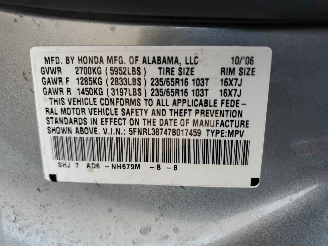 2007 Honda Odyssey Exl VIN: 5FNRL38747B017459 Lot: 85887845