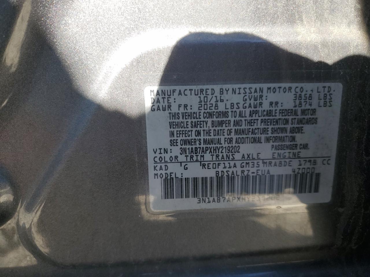 2017 Nissan Sentra S VIN: 3N1AB7APXHY219202 Lot: 85013445