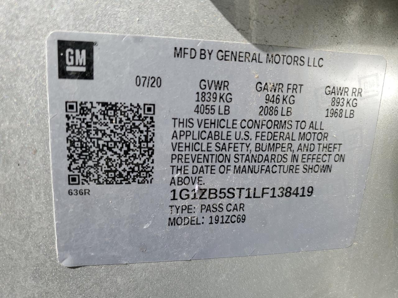 2020 Chevrolet Malibu Ls VIN: 1G1ZB5ST1LF138419 Lot: 85909055