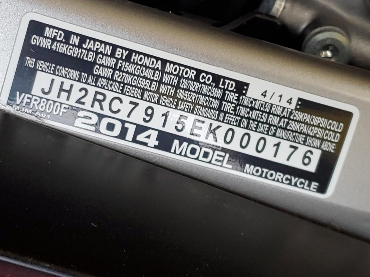 2014 Honda Vfr800 F VIN: JH2RC7915EK000176 Lot: 86183415