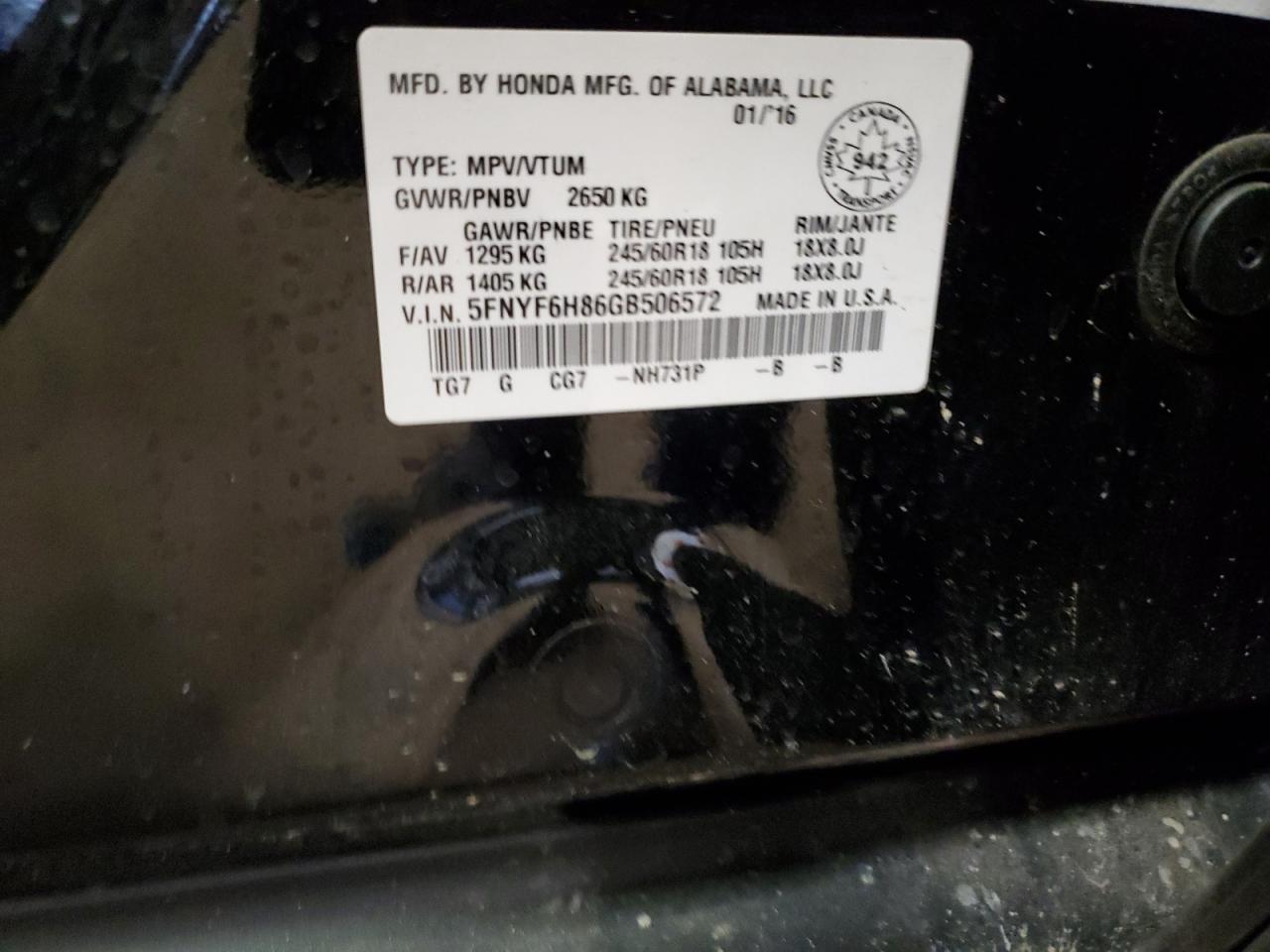 2016 Honda Pilot Exl VIN: 5FNYF6H86GB506572 Lot: 84634675