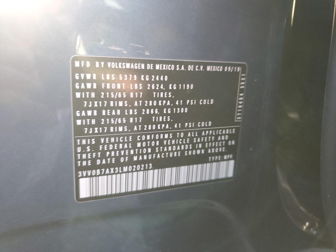 2020 Volkswagen Tiguan S VIN: 3VV0B7AX3LM020213 Lot: 84063595