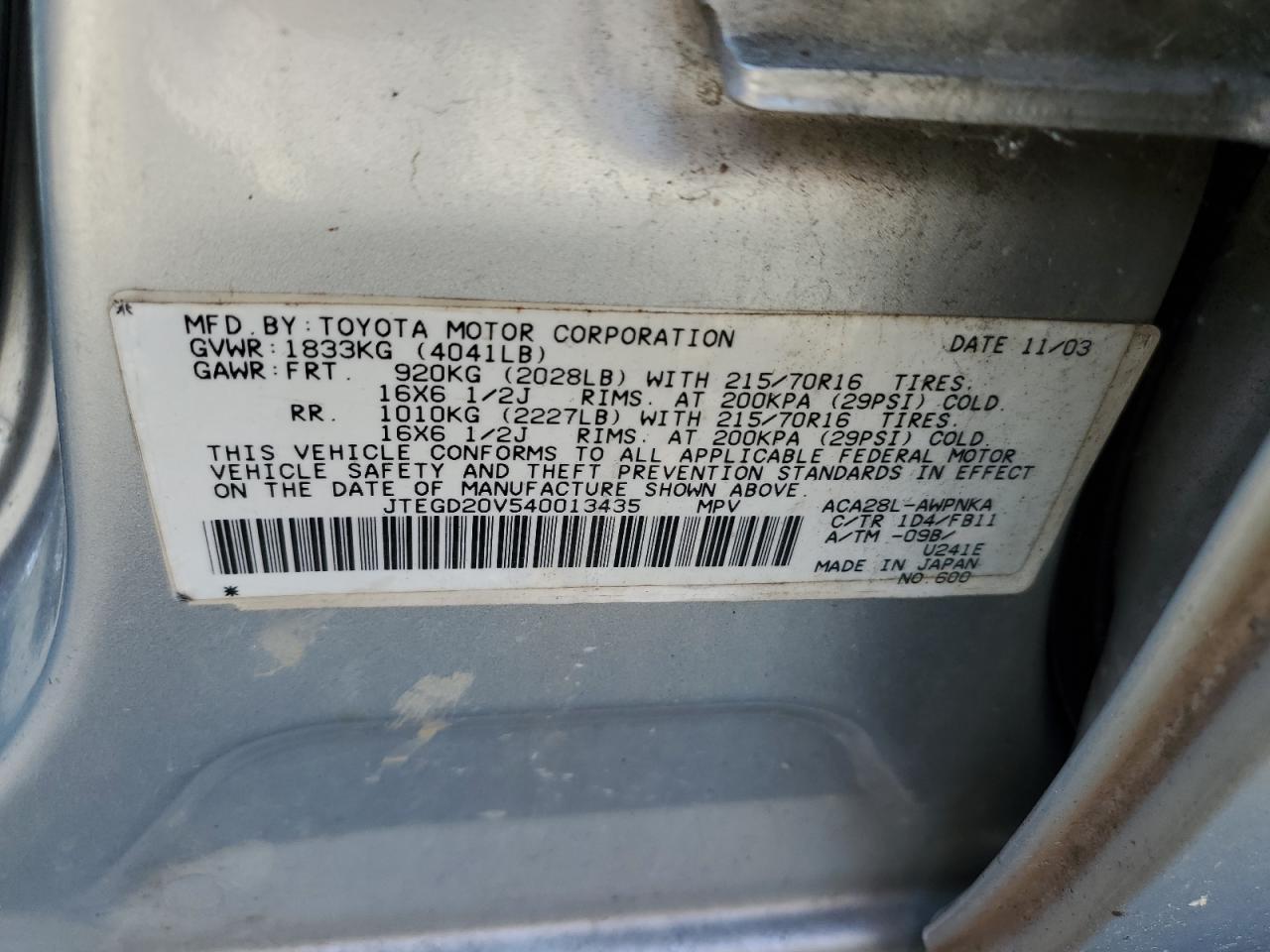 2004 Toyota Rav4 VIN: JTEGD20V540013435 Lot: 84867205