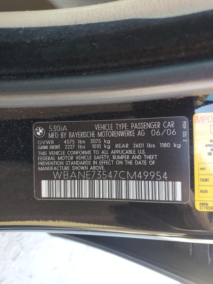 2007 BMW 530 I VIN: WBANE73547CM49954 Lot: 89894285