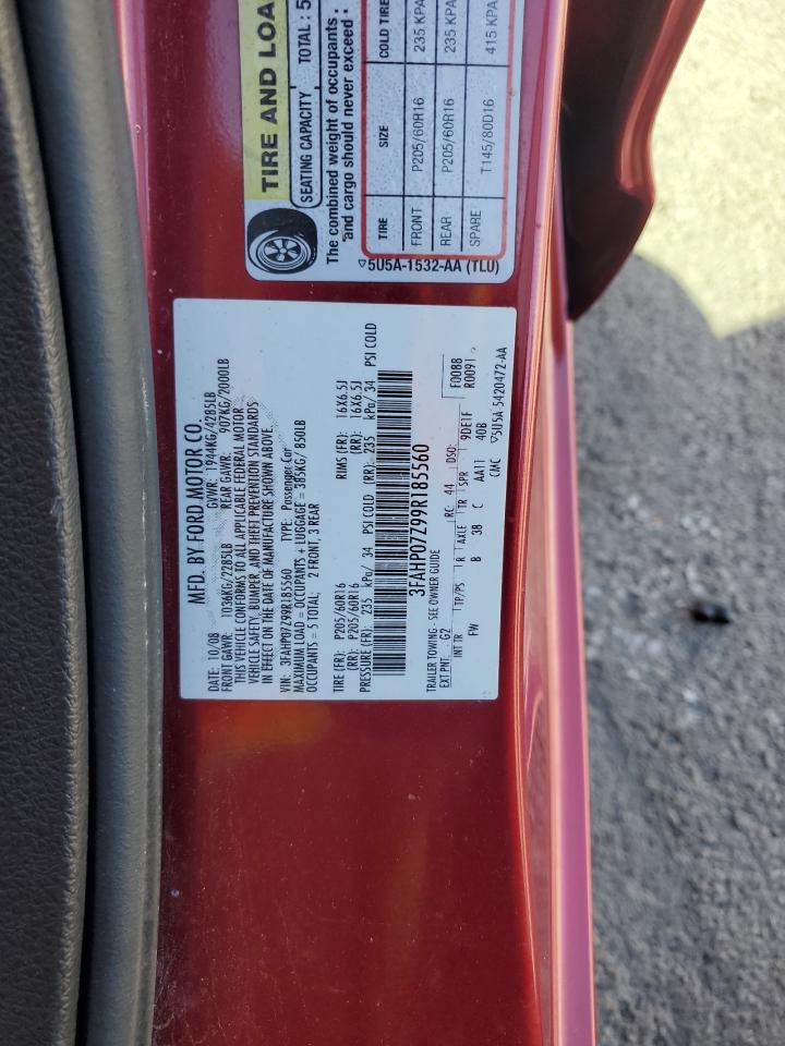 2009 Ford Fusion Se VIN: 3FAHP07Z99R185560 Lot: 89848565