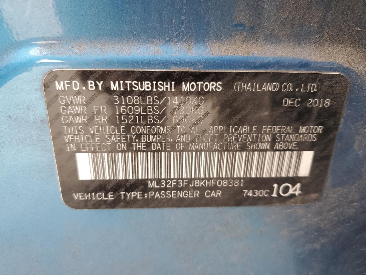 2019 Mitsubishi Mirage G4 Es VIN: ML32F3FJ8KHF08381 Lot: 90643815