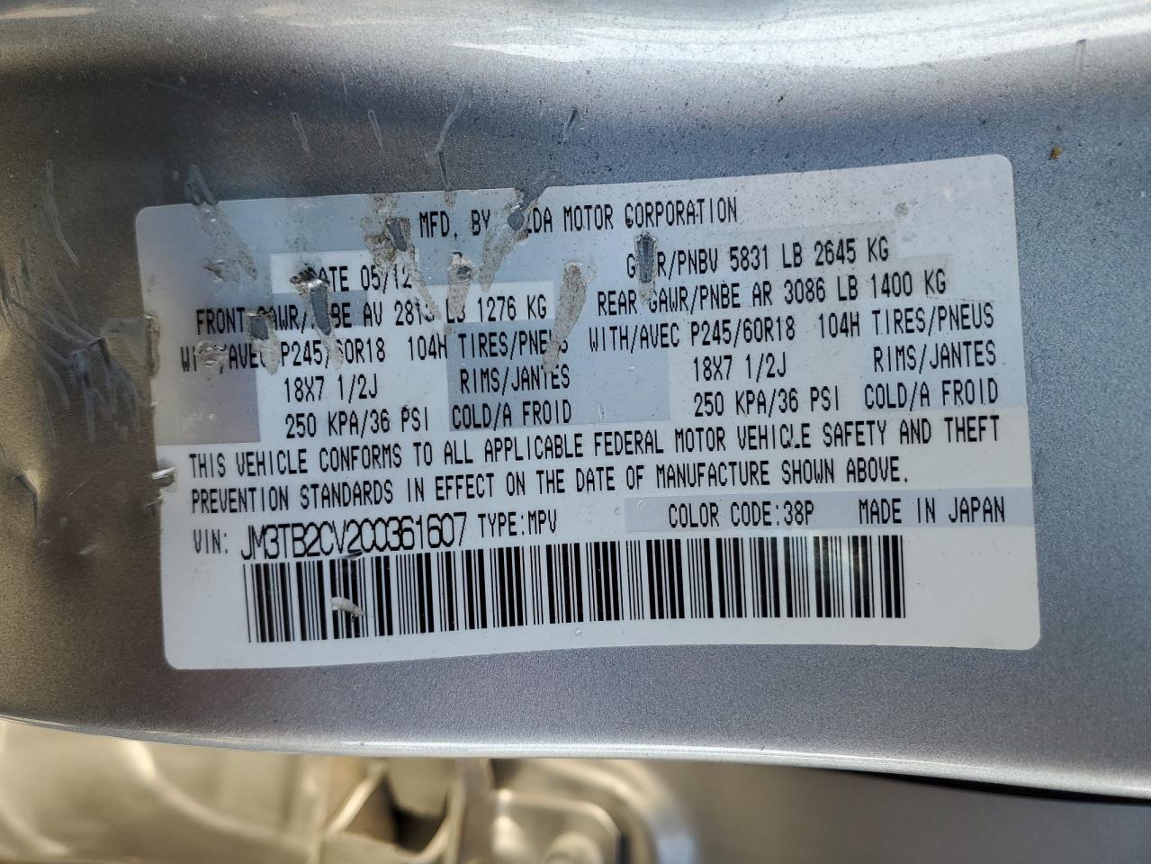 2012 Mazda Cx-9 VIN: JM3TB2CV2C0361607 Lot: 86897455