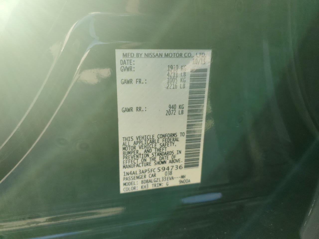 2015 Nissan Altima 2.5 VIN: 1N4AL3AP5FC594736 Lot: 85823375