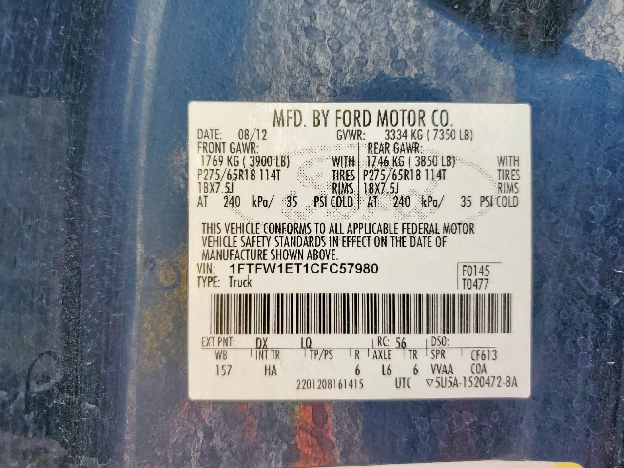 2012 Ford F150 Supercrew VIN: 1FTFW1ET1CFC57980 Lot: 82433675