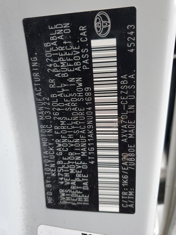 2022 Toyota Camry Se VIN: 4T1G11AK9NU041689 Lot: 89856025