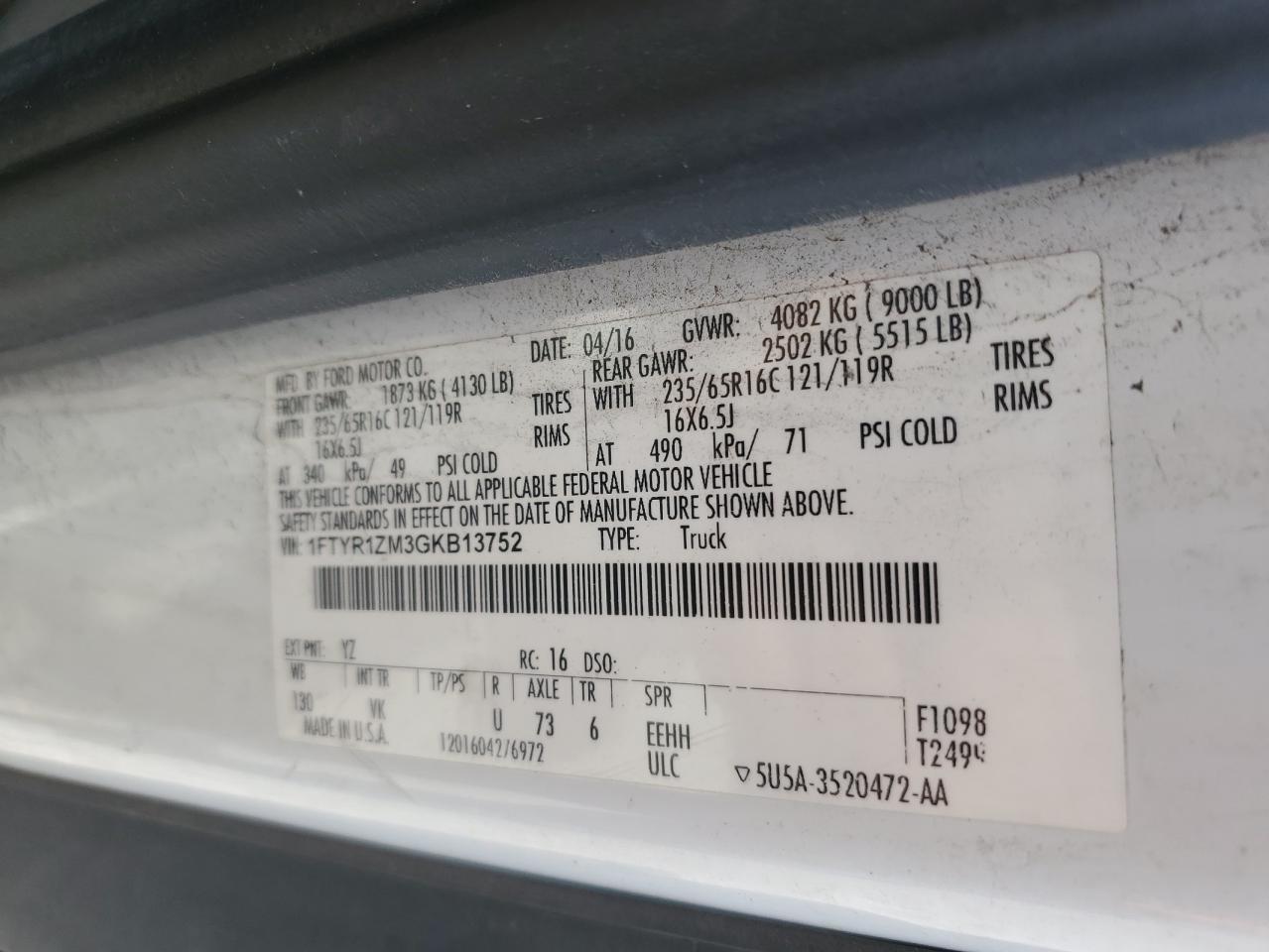 2016 Ford Transit T-250 VIN: 1FTYR1ZM3GKB13752 Lot: 84243115