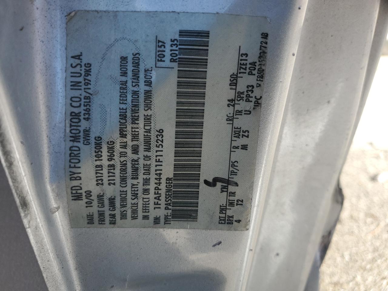 2001 Ford Mustang VIN: 1FAFP44411F115236 Lot: 86678635