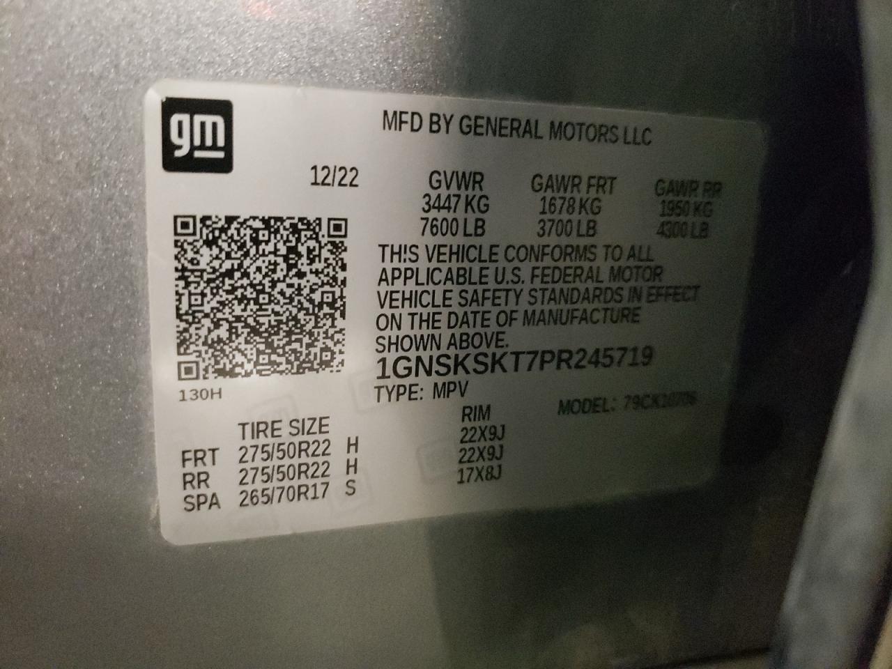 2023 Chevrolet Tahoe K1500 Premier VIN: 1GNSKSKT7PR245719 Lot: 85081665