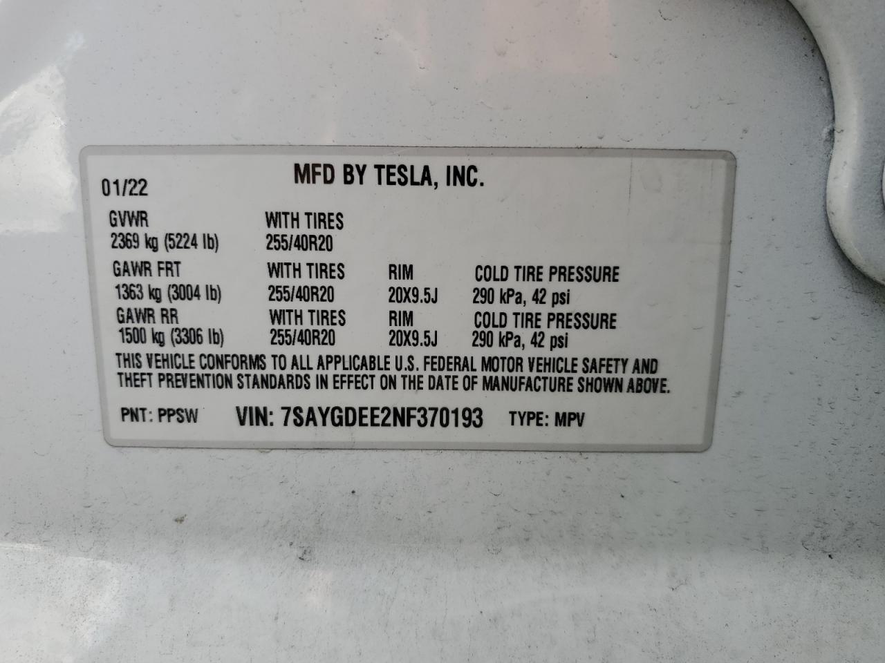 2022 Tesla Model Y VIN: 7SAYGDEE2NF370193 Lot: 89881945