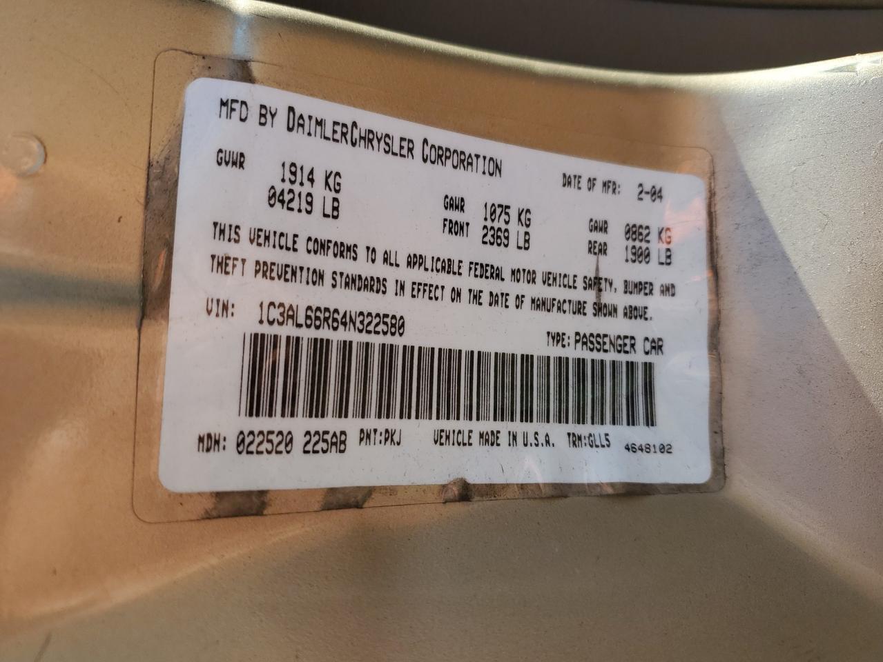2004 Chrysler Sebring Limited VIN: 1C3AL66R64N322580 Lot: 86890695