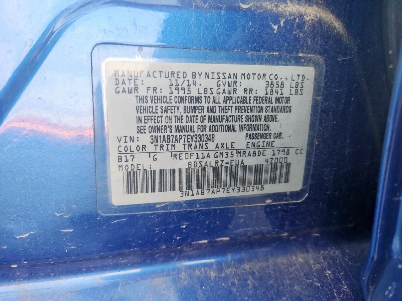 2014 Nissan Sentra S VIN: 3N1AB7AP7EY330348 Lot: 82404515