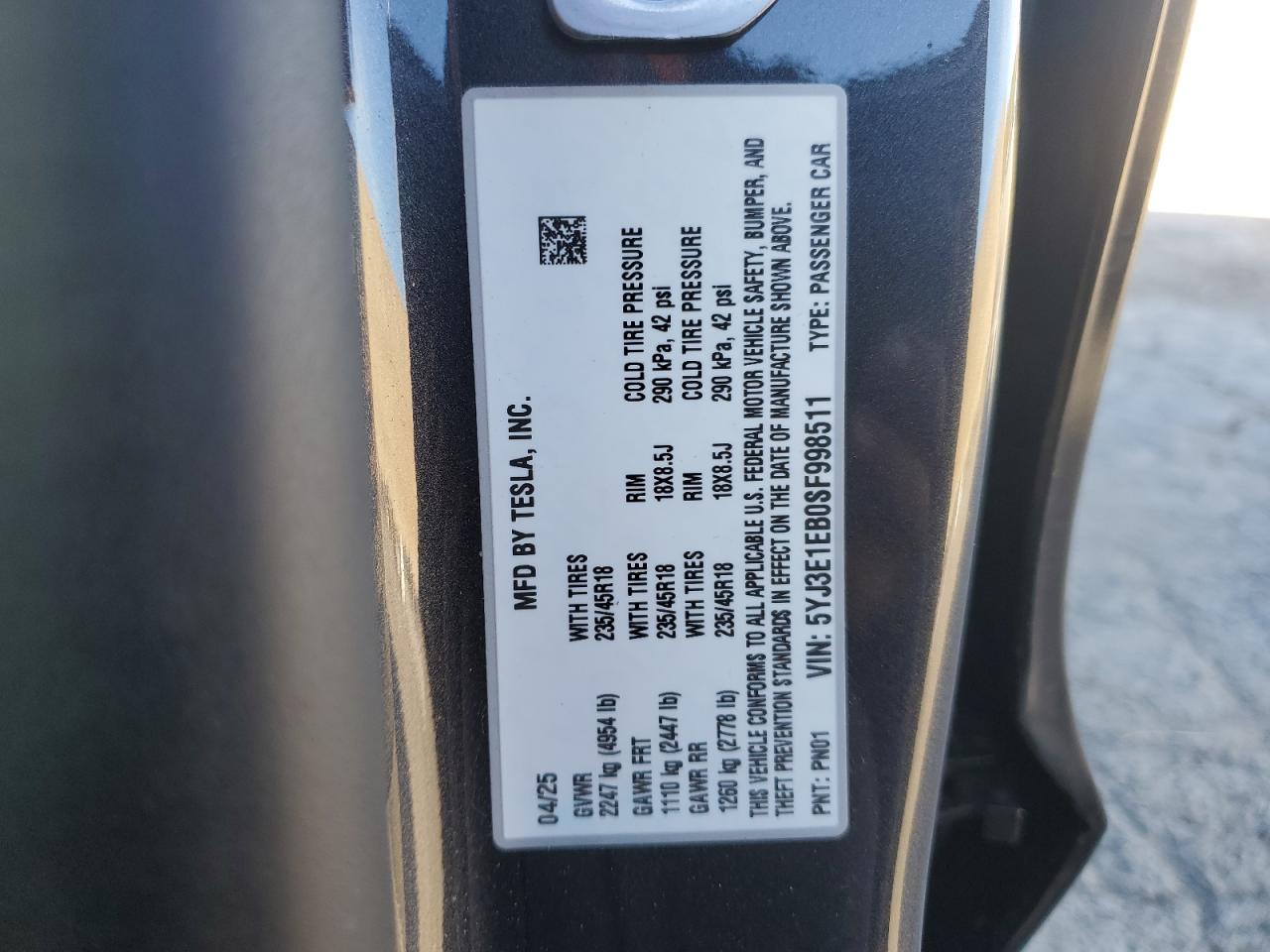 2025 Tesla Model 3 VIN: 5YJ3E1EB0SF998511 Lot: 87213685