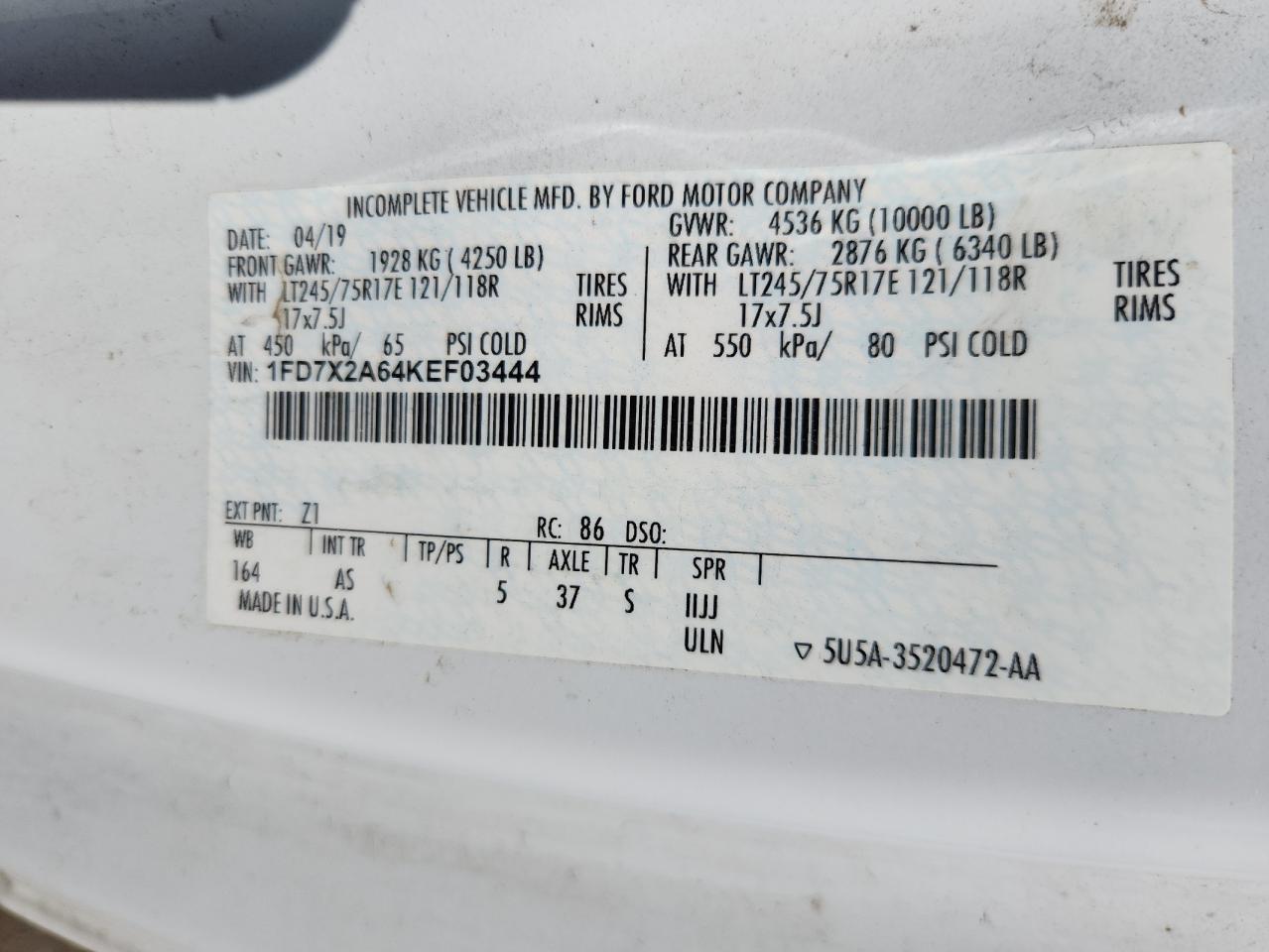 2019 Ford F250 Super Duty VIN: 1FD7X2A64KEF03444 Lot: 80436305