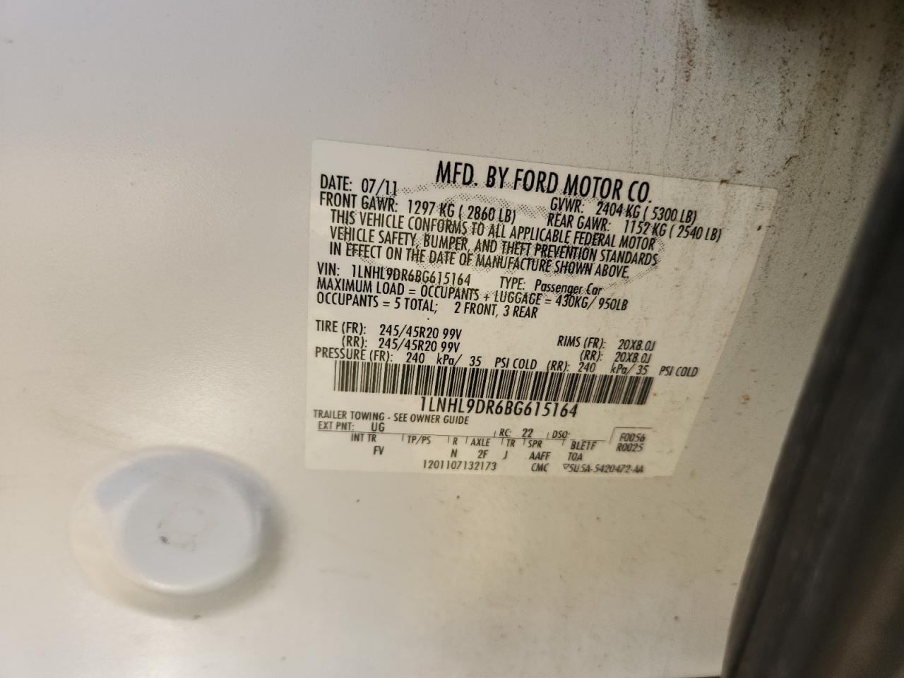 2011 Lincoln Mks VIN: 1LNHL9DR6BG615164 Lot: 90116955