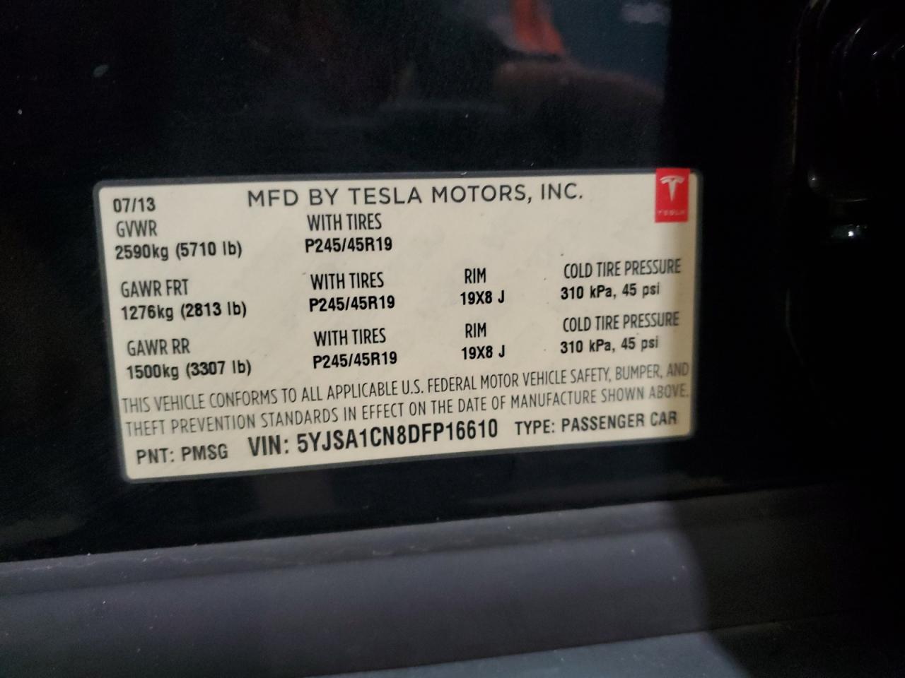 2013 Tesla Model S VIN: 5YJSA1CN8DFP16610 Lot: 87001215