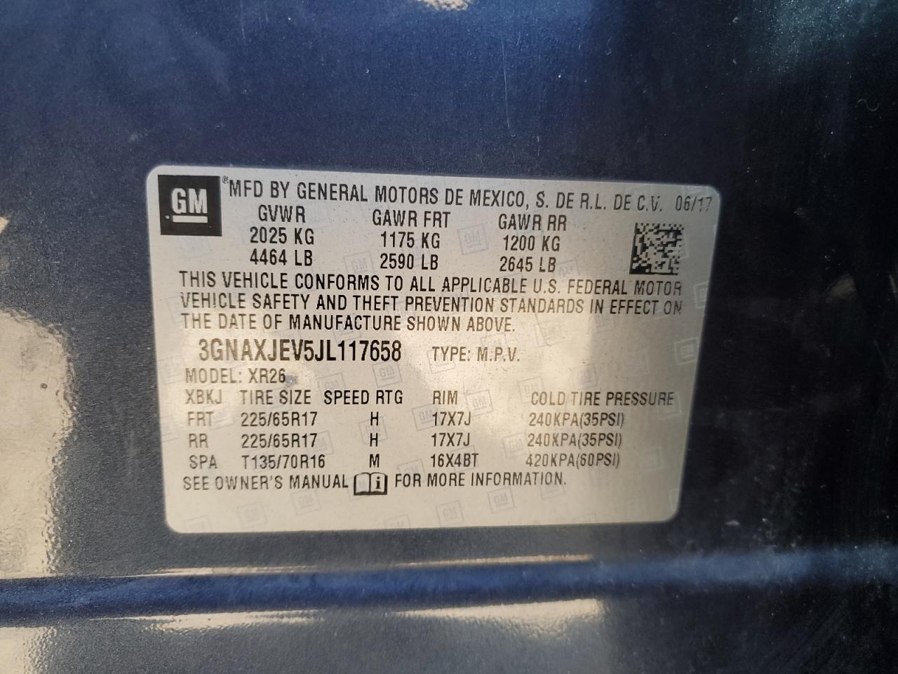 2018 Chevrolet Equinox Lt VIN: 3GNAXJEV5JL117658 Lot: 86264485