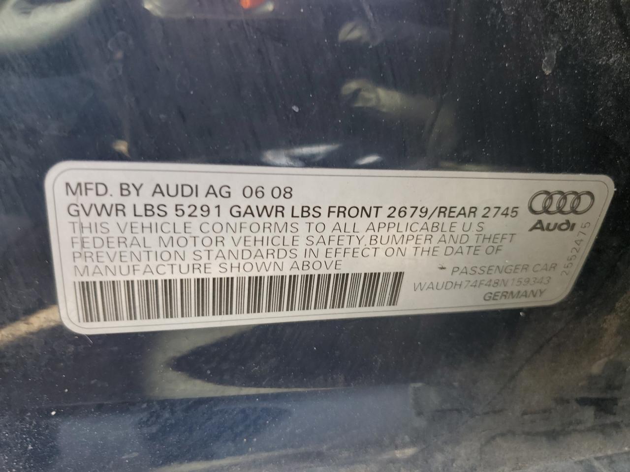 2008 Audi A6 3.2 Quattro VIN: WAUDH74F48N159343 Lot: 82322825
