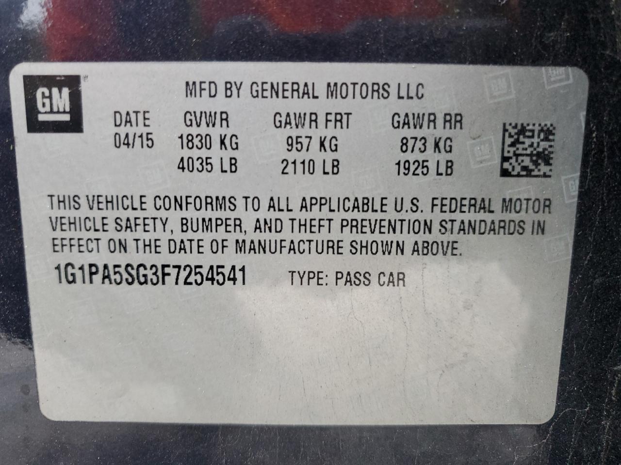 2015 Chevrolet Cruze Ls VIN: 1G1PA5SG3F7254541 Lot: 82294685