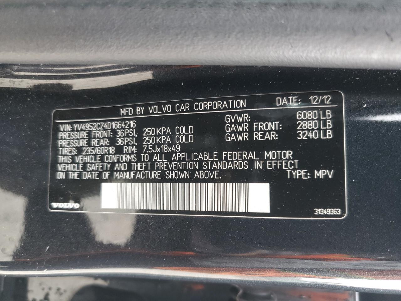 2013 Volvo Xc90 3.2 VIN: YV4952CZ4D1664216 Lot: 82267325