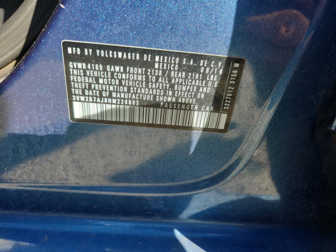 2017 Volkswagen Jetta S VIN: 3VW2B7AJ8HM226893 Lot: 87470555