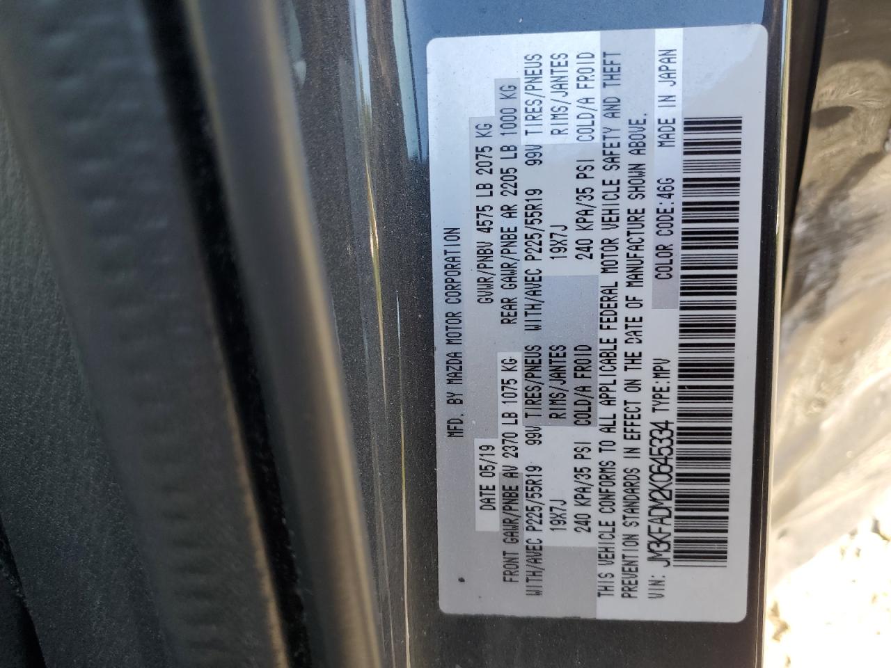 2019 Mazda Cx-5 Grand Touring VIN: JM3KFADM2K0645334 Lot: 84064215