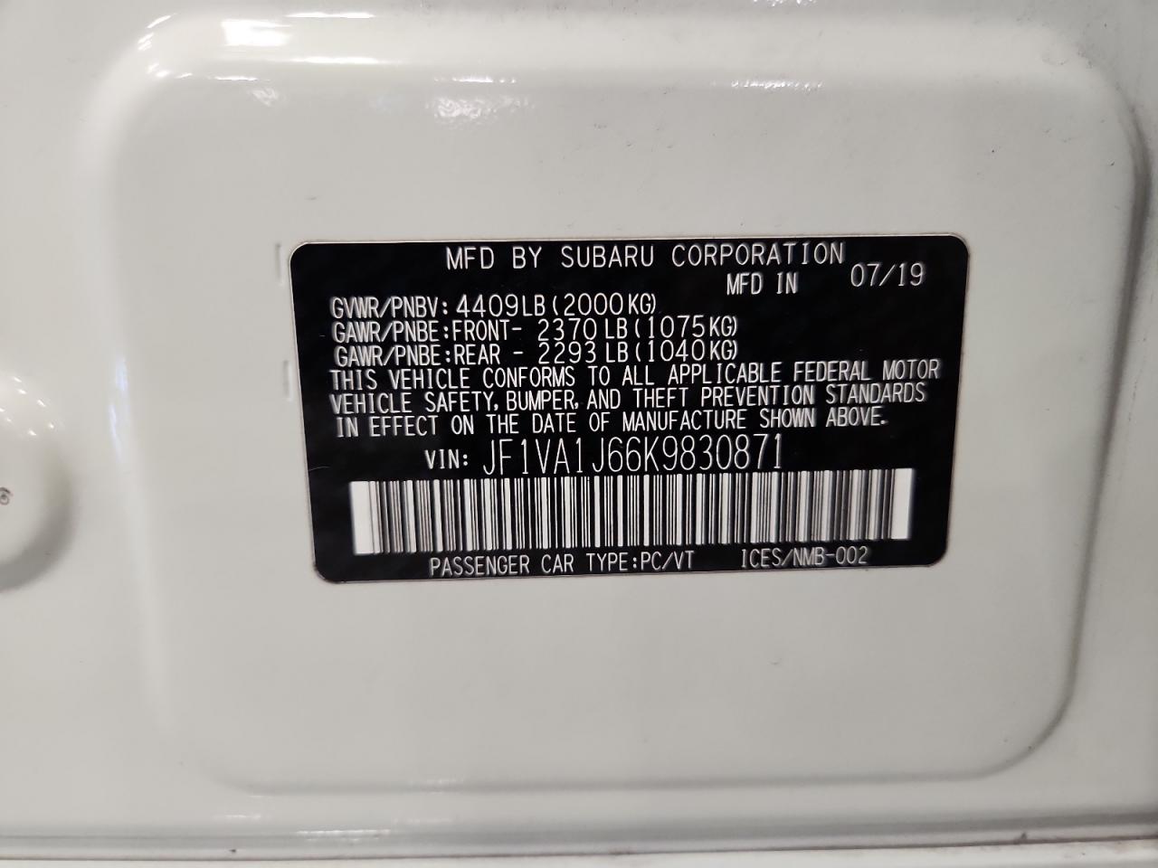 2019 Subaru Wrx Limited VIN: JF1VA1J66K9830871 Lot: 90439885