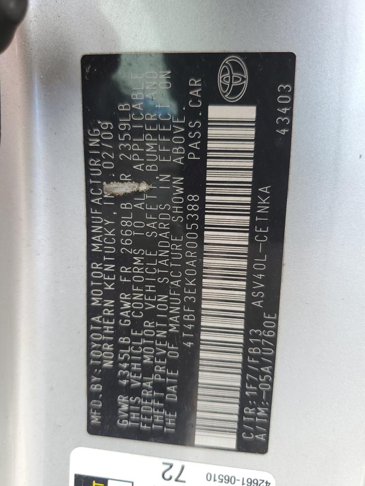 2010 Toyota Camry Base VIN: 4T4BF3EK0AR005388 Lot: 84745215