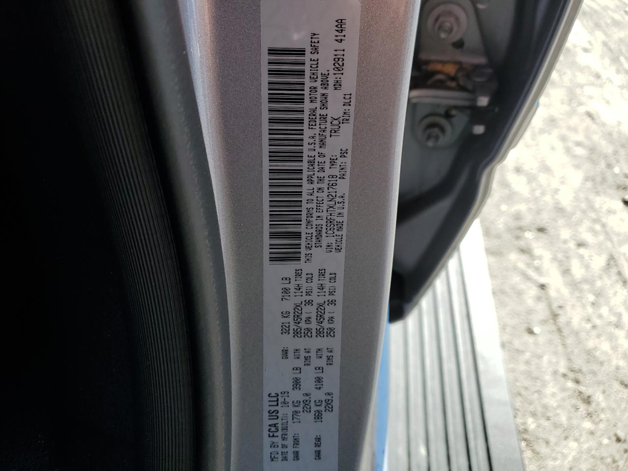 2020 Ram 1500 Limited VIN: 1C6SRFHTXLN217618 Lot: 87473825