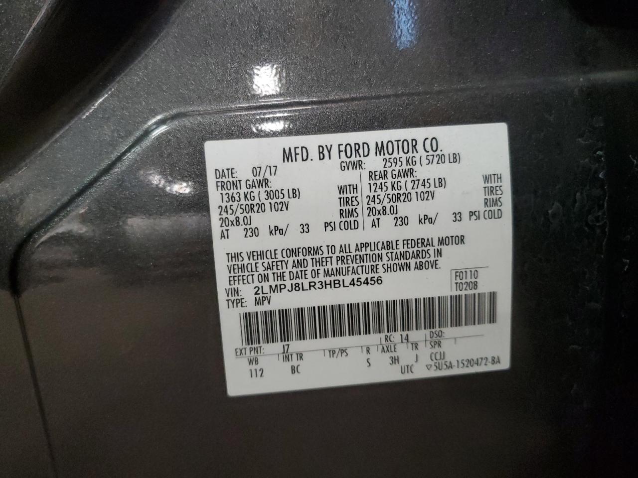 2017 Lincoln Mkx Reserve VIN: 2LMPJ8LR3HBL45456 Lot: 85842365