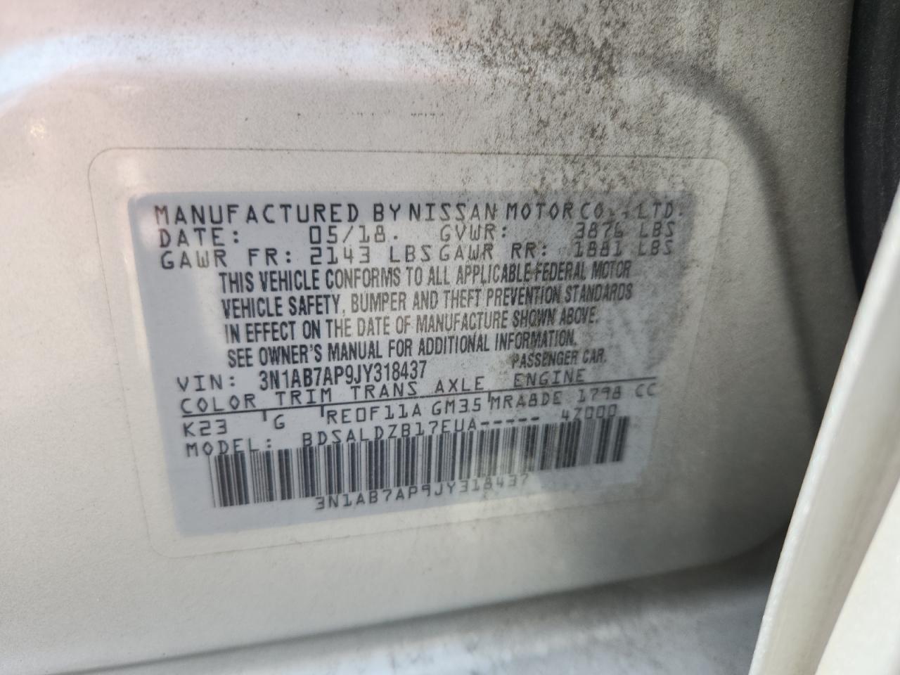 2018 Nissan Sentra S VIN: 3N1AB7AP9JY318437 Lot: 85699945